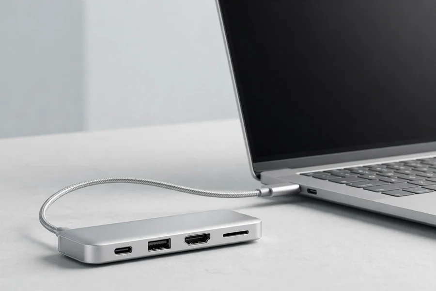 Slim USB-C multiport hub adapter connected to a laptop on a clean desk