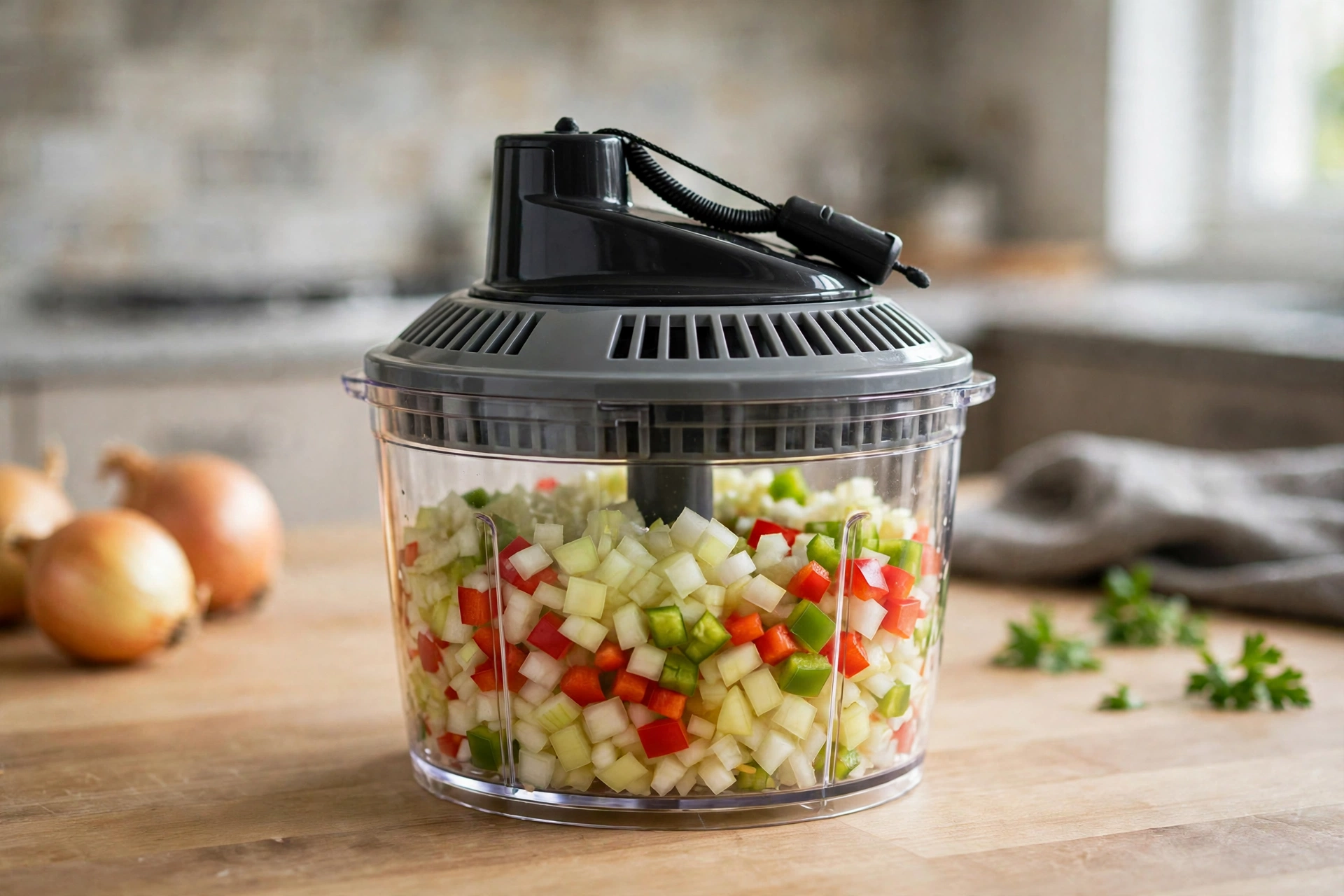 Manual vegetable chopper with diced onions and peppers in its clear container on a kitchen counter