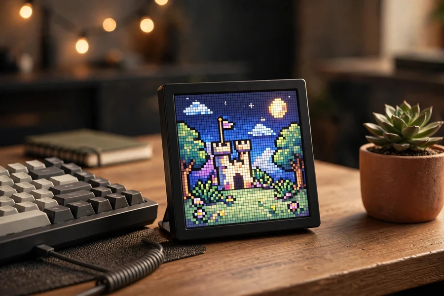 Small square pixel-art LED display frame showing retro pixel art on a gamer desk
