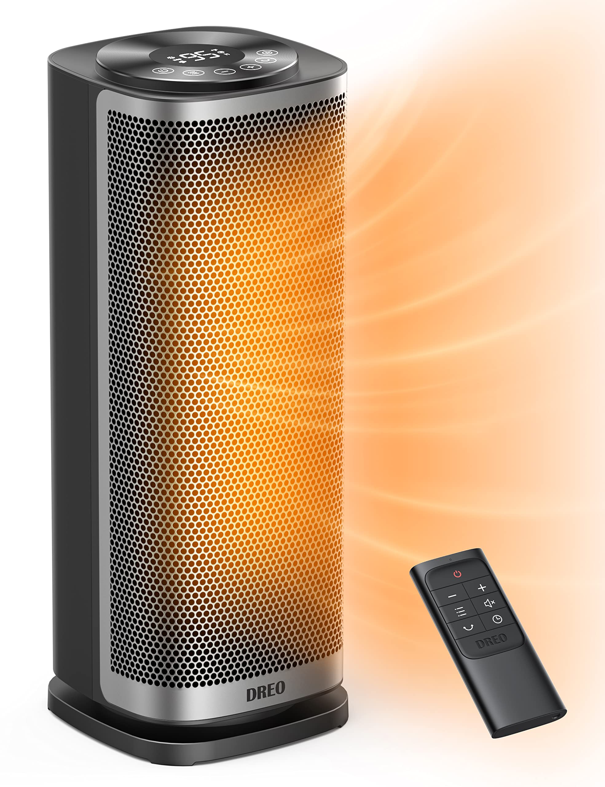Dreo portable tower space heater with remote control and warm air flowing