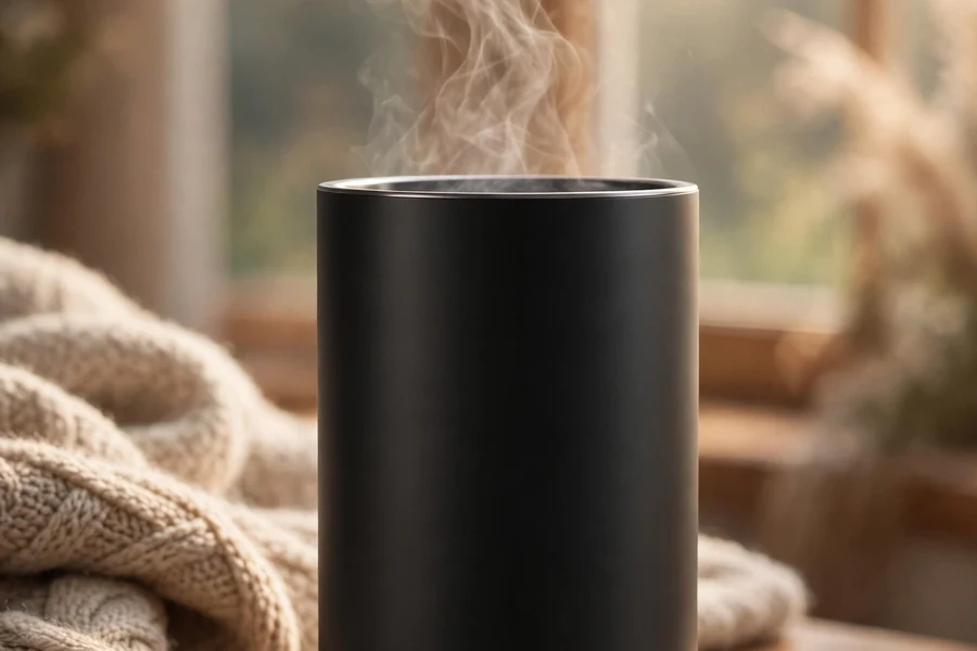 Matte black temperature-control smart mug steaming on its charging coaster