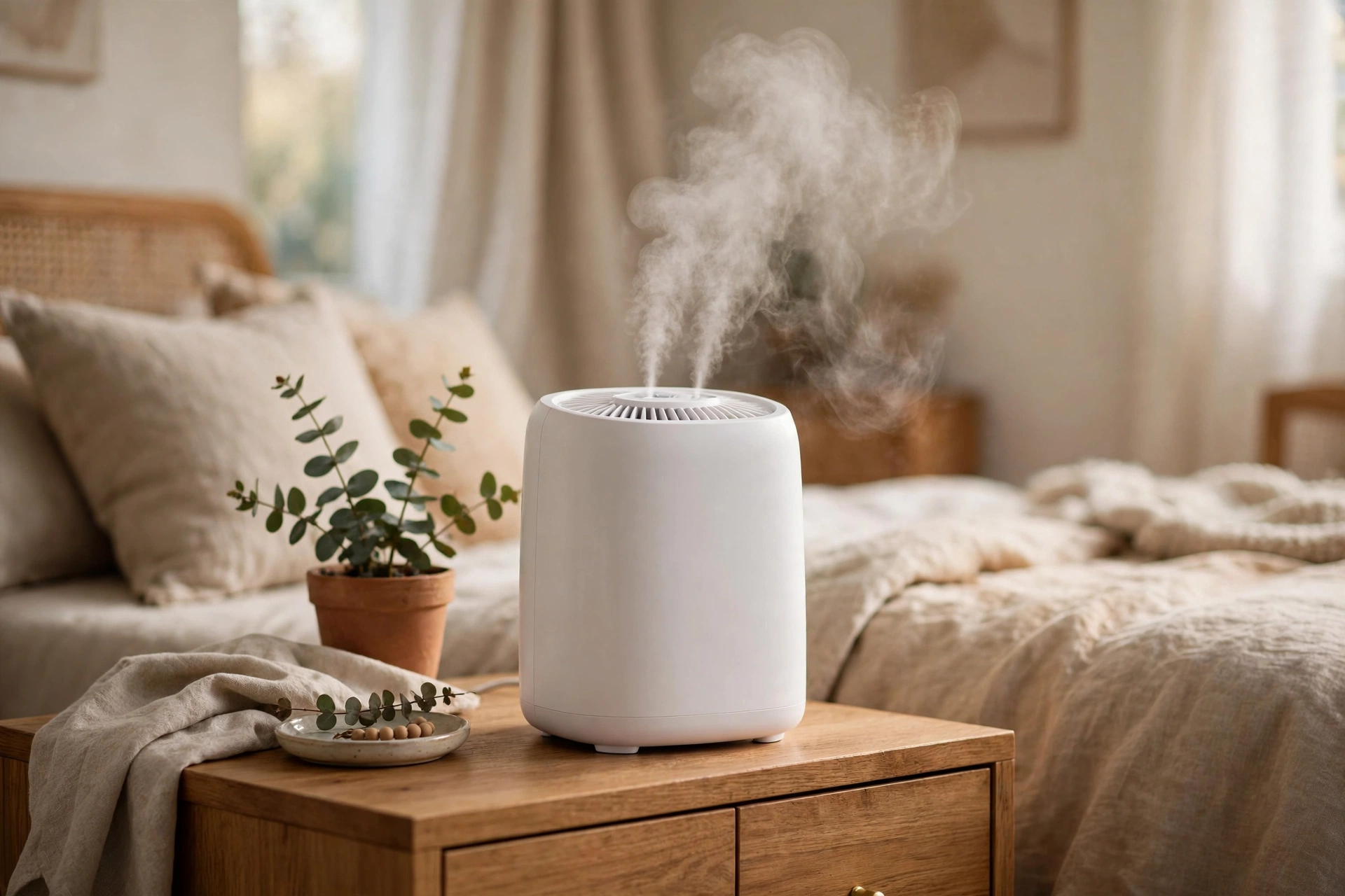White evaporative cool mist humidifier on a bedroom nightstand with soft mist