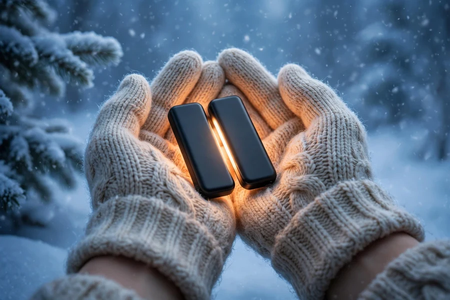 Tiny palm-sized rechargeable hand warmers held in gloved hands in winter