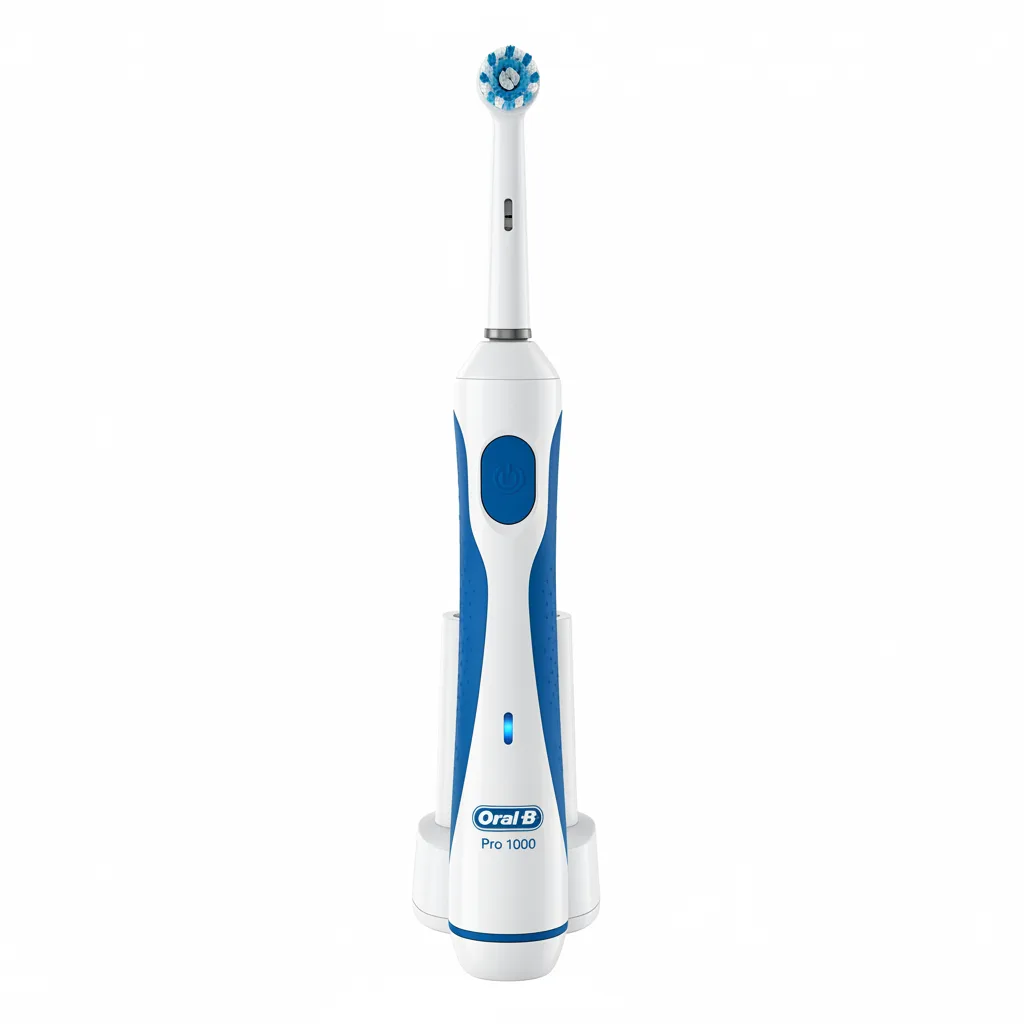 Oral-B Pro 1000 rechargeable electric toothbrush in white and blue on its charging stand