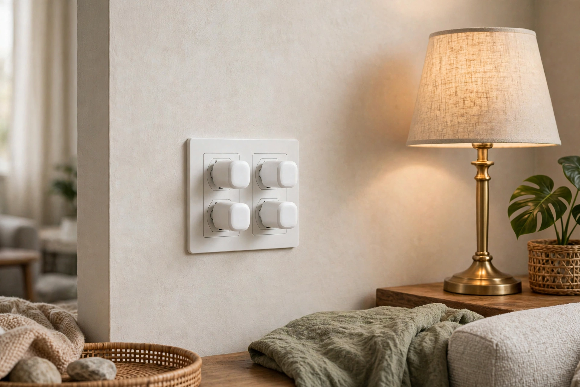 Small white smart plugs plugged into wall outlets in a living room with a lamp