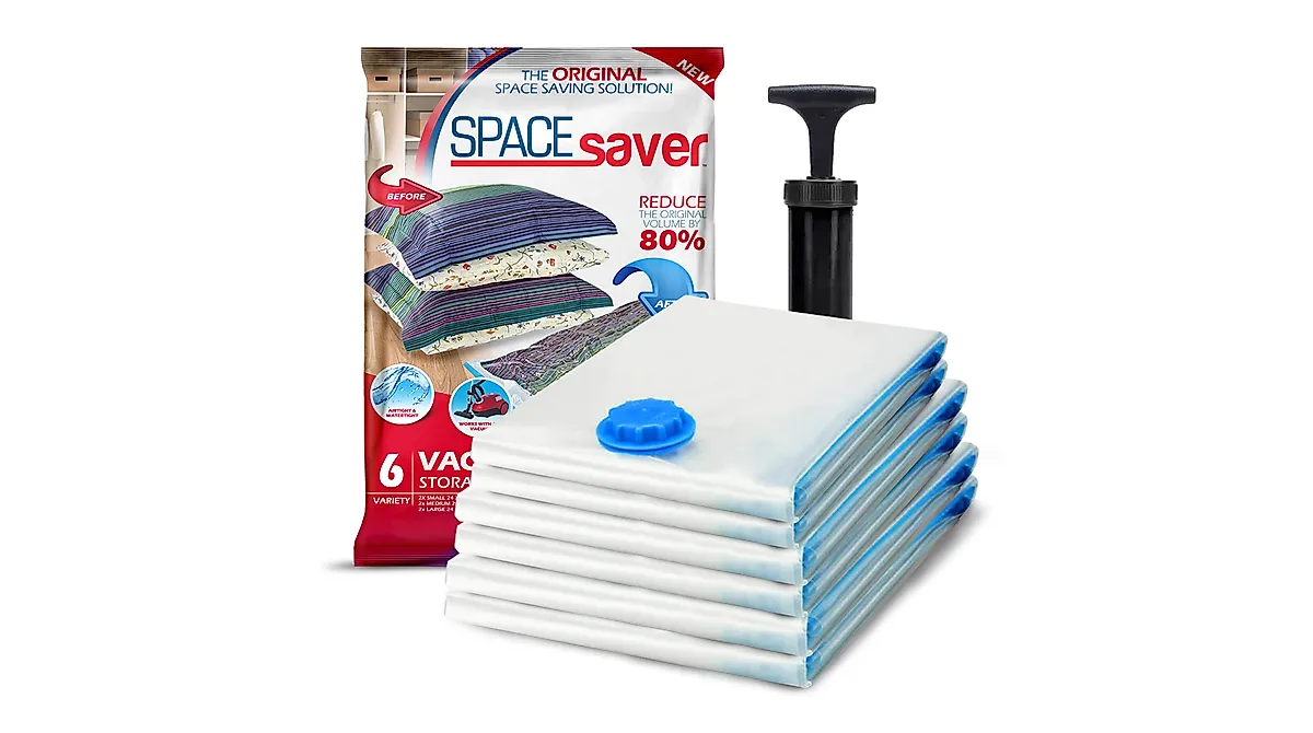 Spacesaver vacuum storage bags with hand pump for compressing clothes and bedding